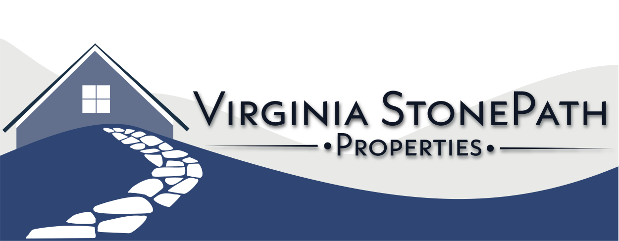 company logo, blue house on a hill with a stone path leading to it
